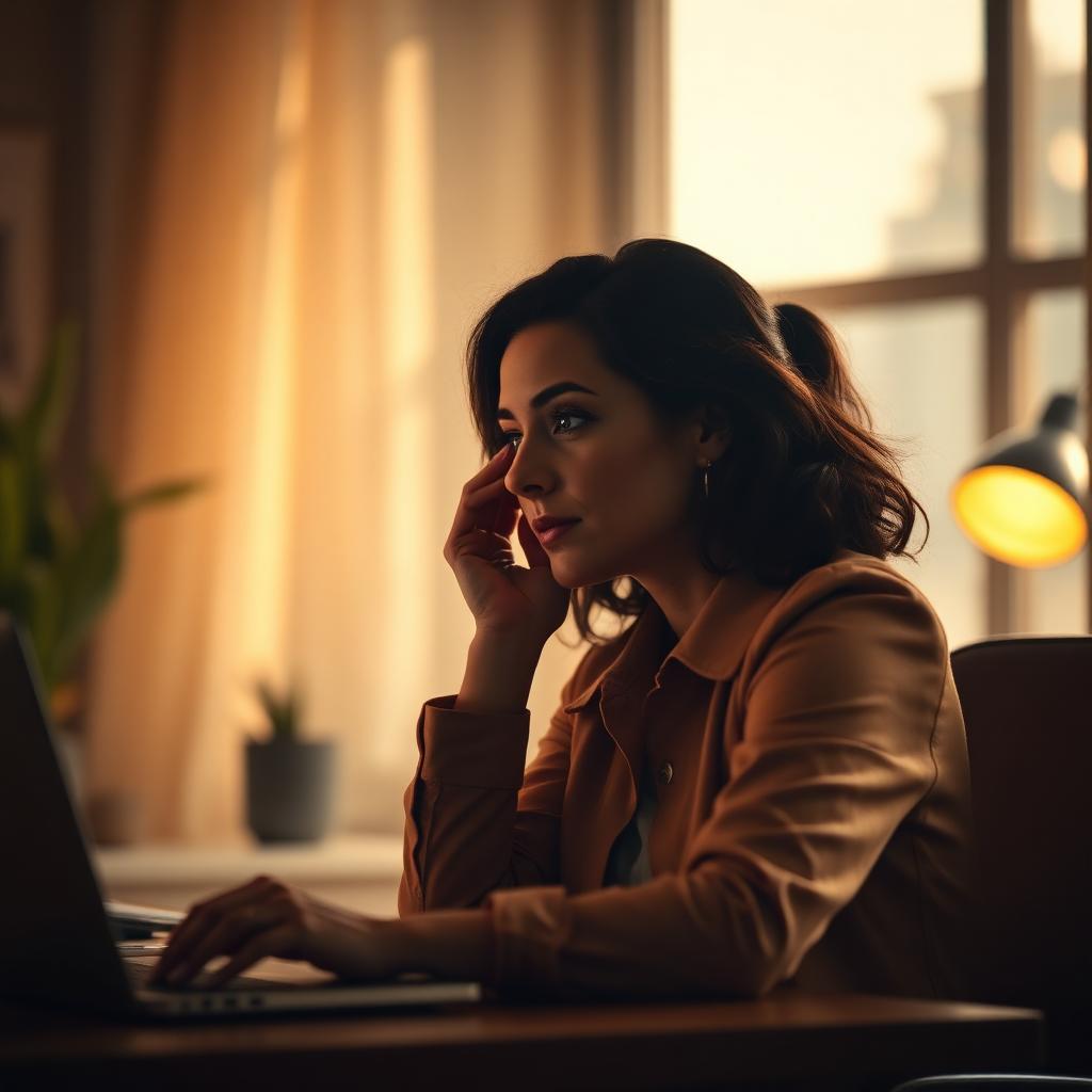 Professional woman pausing thoughtfully at her desk in warm afternoon light